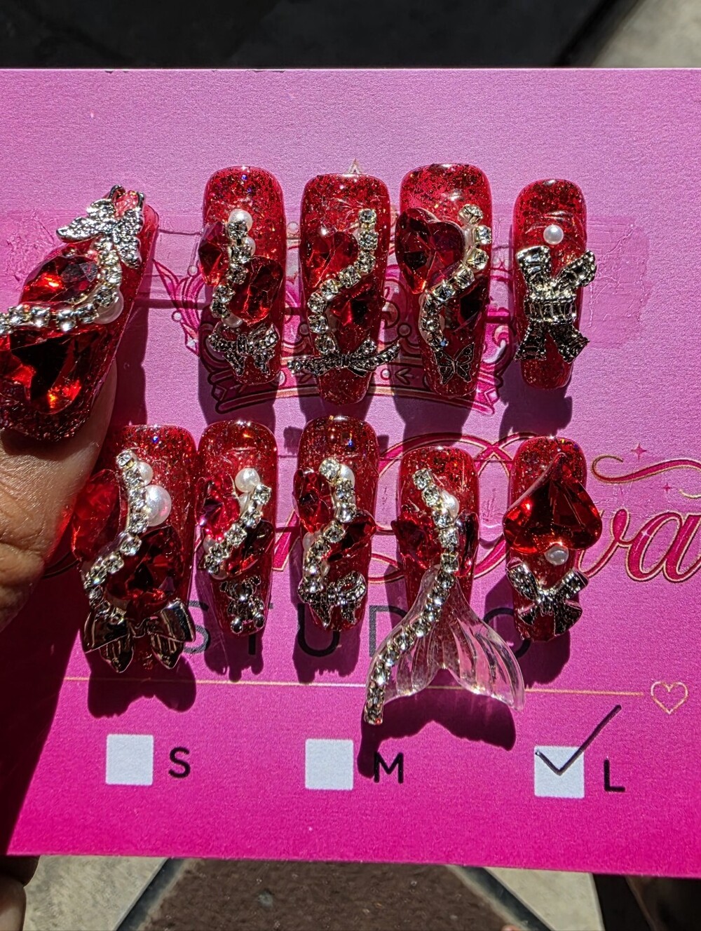Red Glitter Rhinestone Press-On Nails | Coffin Long Mermaid Bow Charm Set Size L